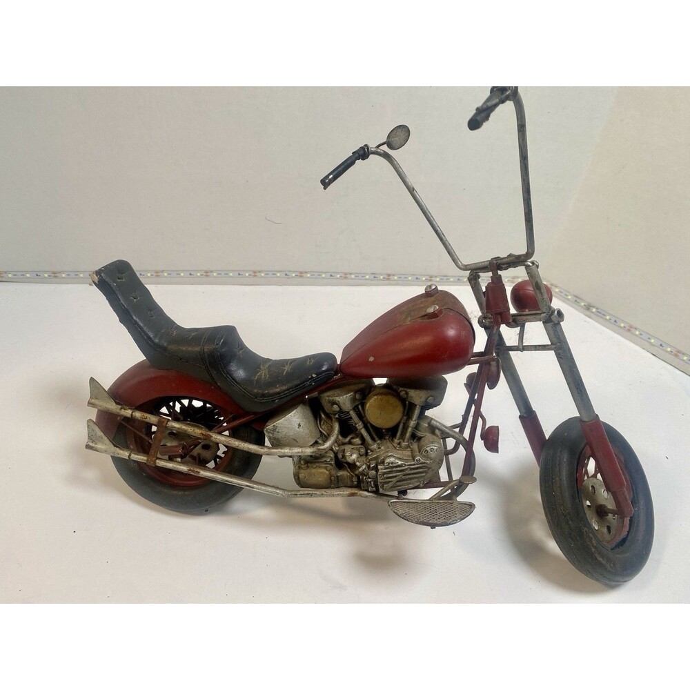 Metal Motorcycle Sculpture Chopper Figurine Industrial Art Decor Vintage 15"